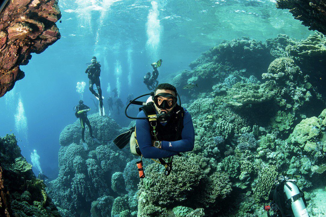 Divers holding steady formation near coral, demonstrating logged experience