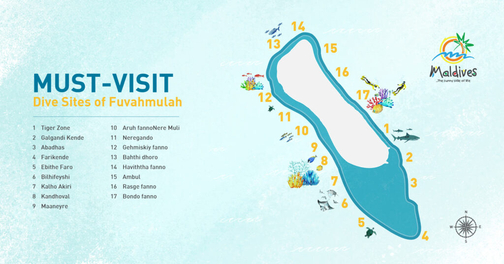 Map of Fuvahmulah dive sites including Tiger Harbour, North Point and South Point