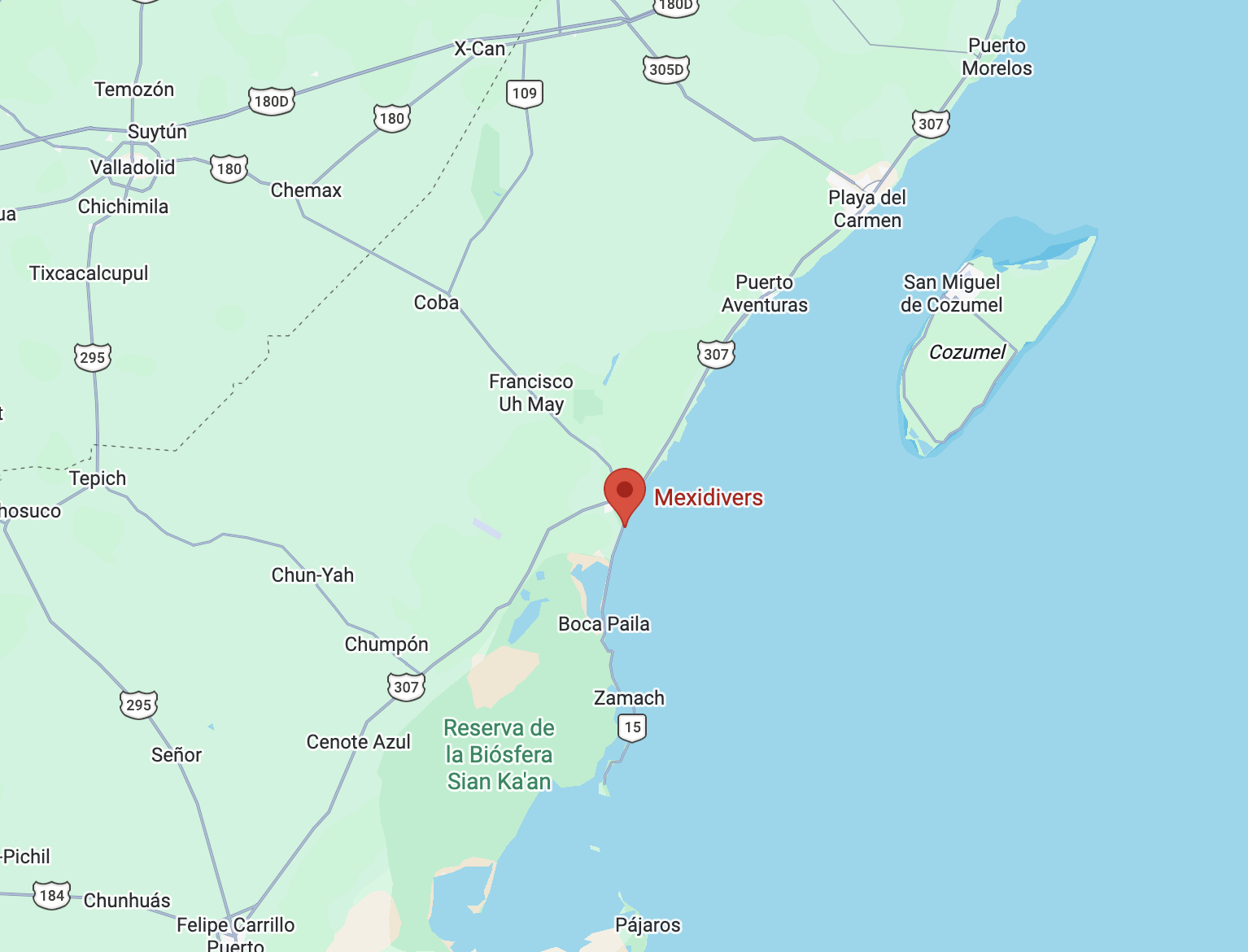 Map of Mexidivers location on Tulum Beach, Quintana Roo, Mexico