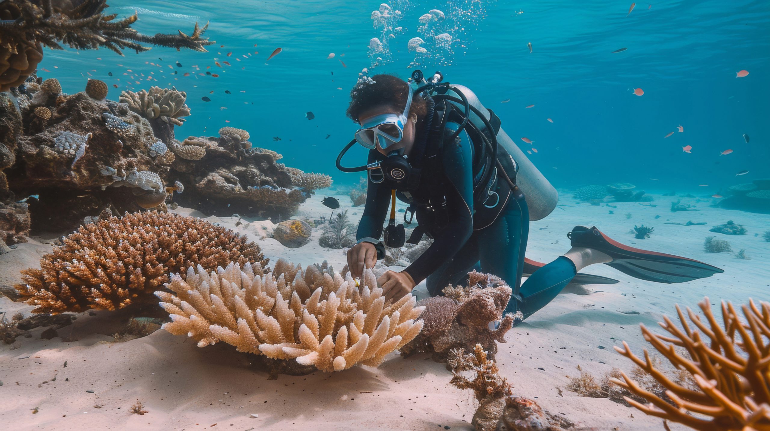 Scuba diver portrait with marine life, Maldives