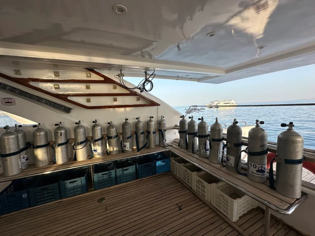 Dive deck of the Queen Sherry liveaboard, Red Sea Egypt
