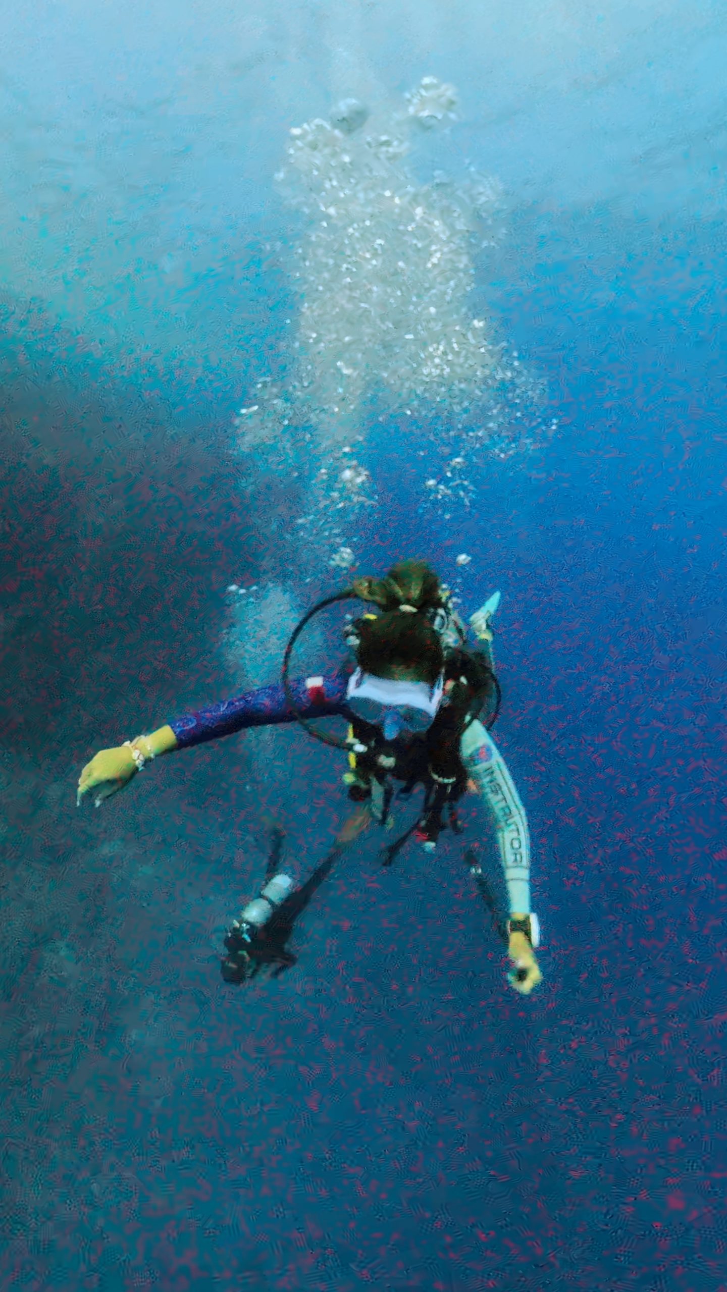 Solo instructor descending into blue water on a Red Sea liveaboard, Egypt