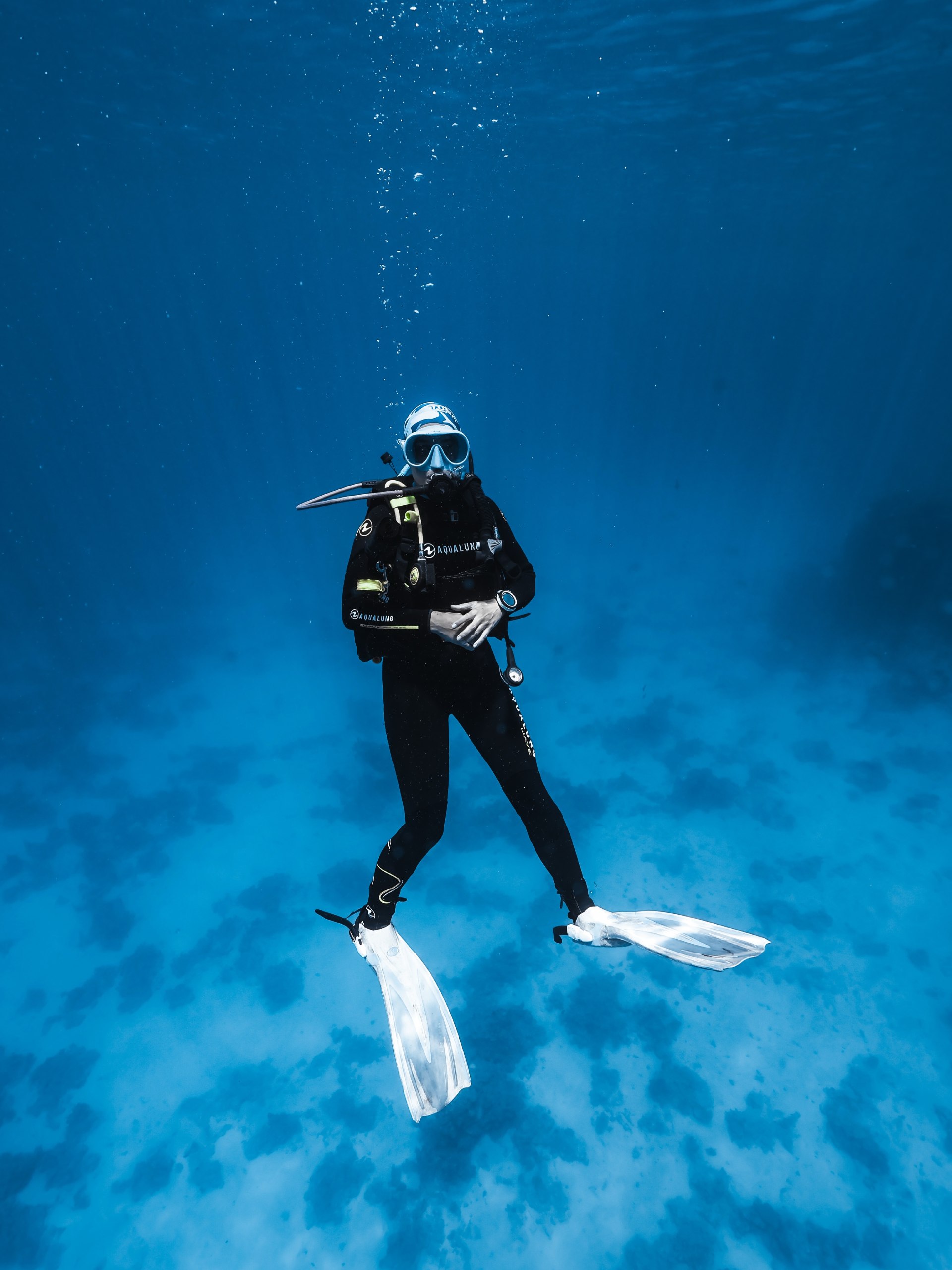 Diver descending into open blue water on an Egypt liveaboard dive at Daedalus Reef
