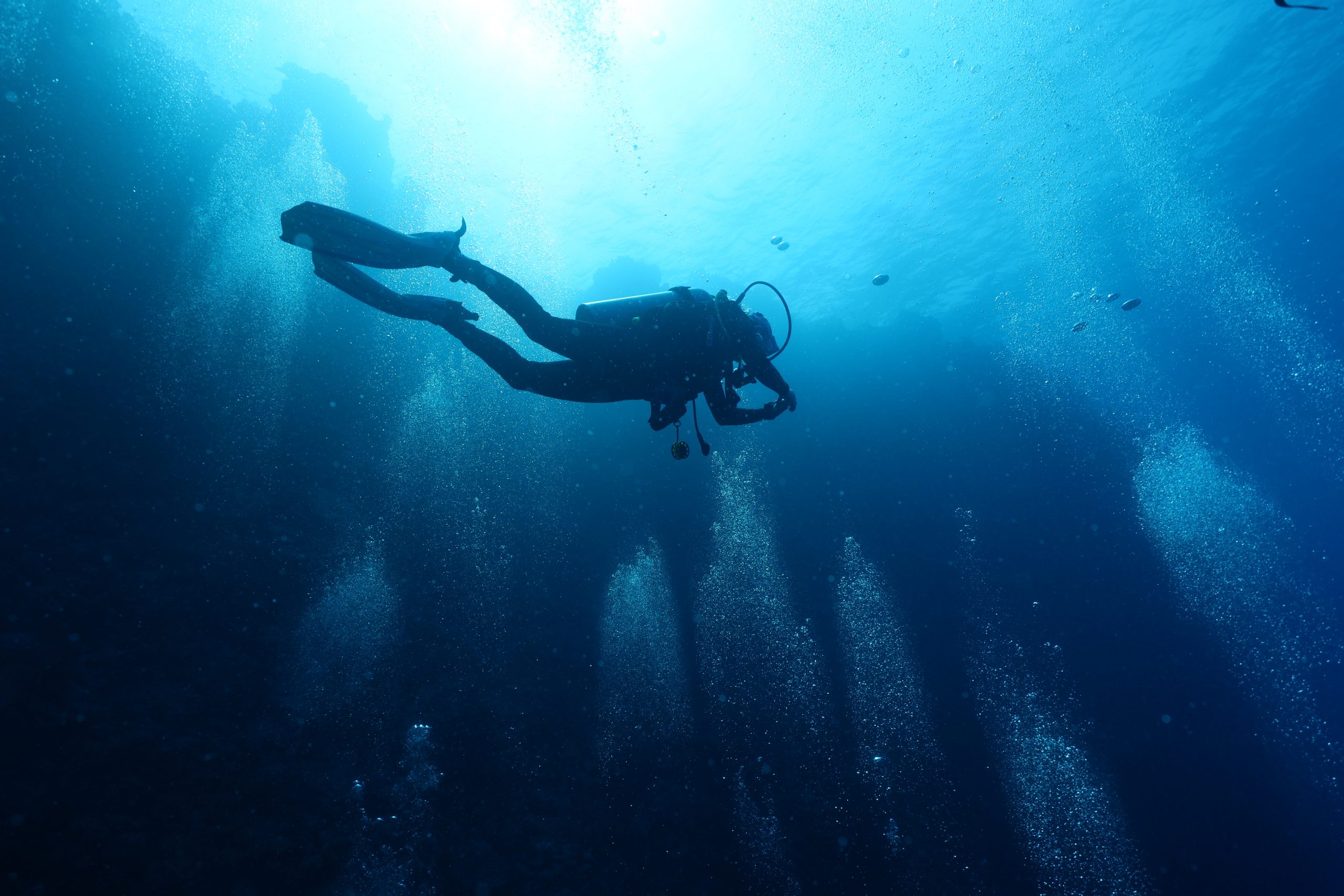 Diver silhouette in open blue water at Daedalus Reef, Egypt