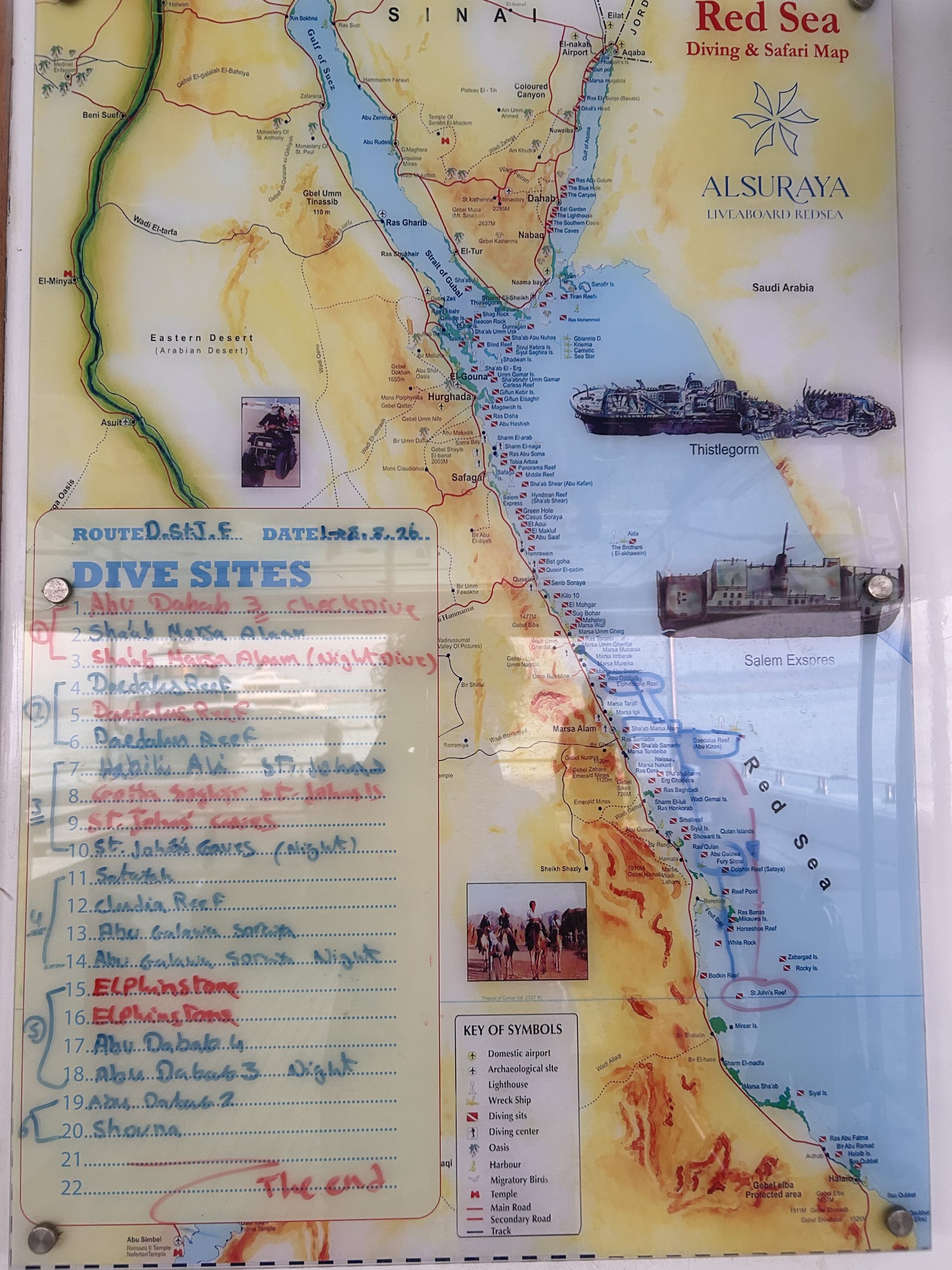 Al Suraya liveaboard Red Sea dive sites itinerary map, Egypt
