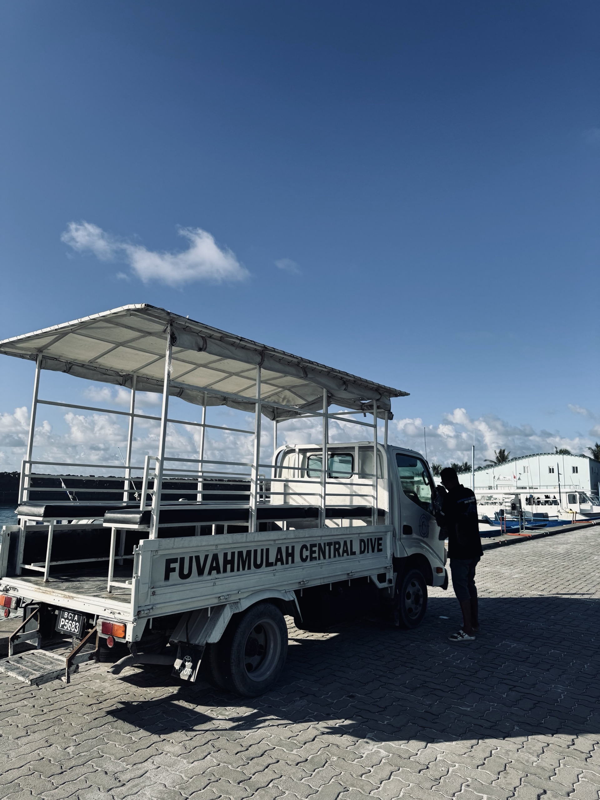 Fuvahmulah Central dive truck at the harbor, Maldives