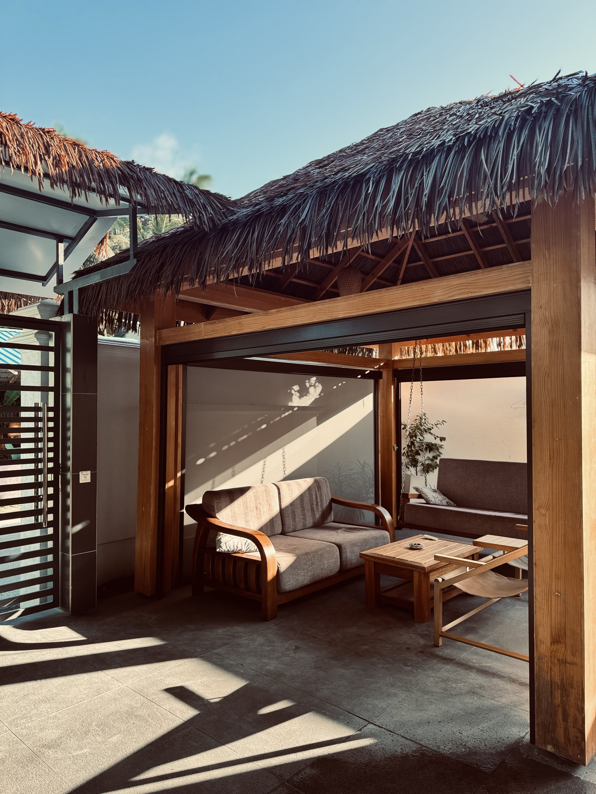 Thatched lounge gazebo at Fuvahmulah Central Hotel, Maldives