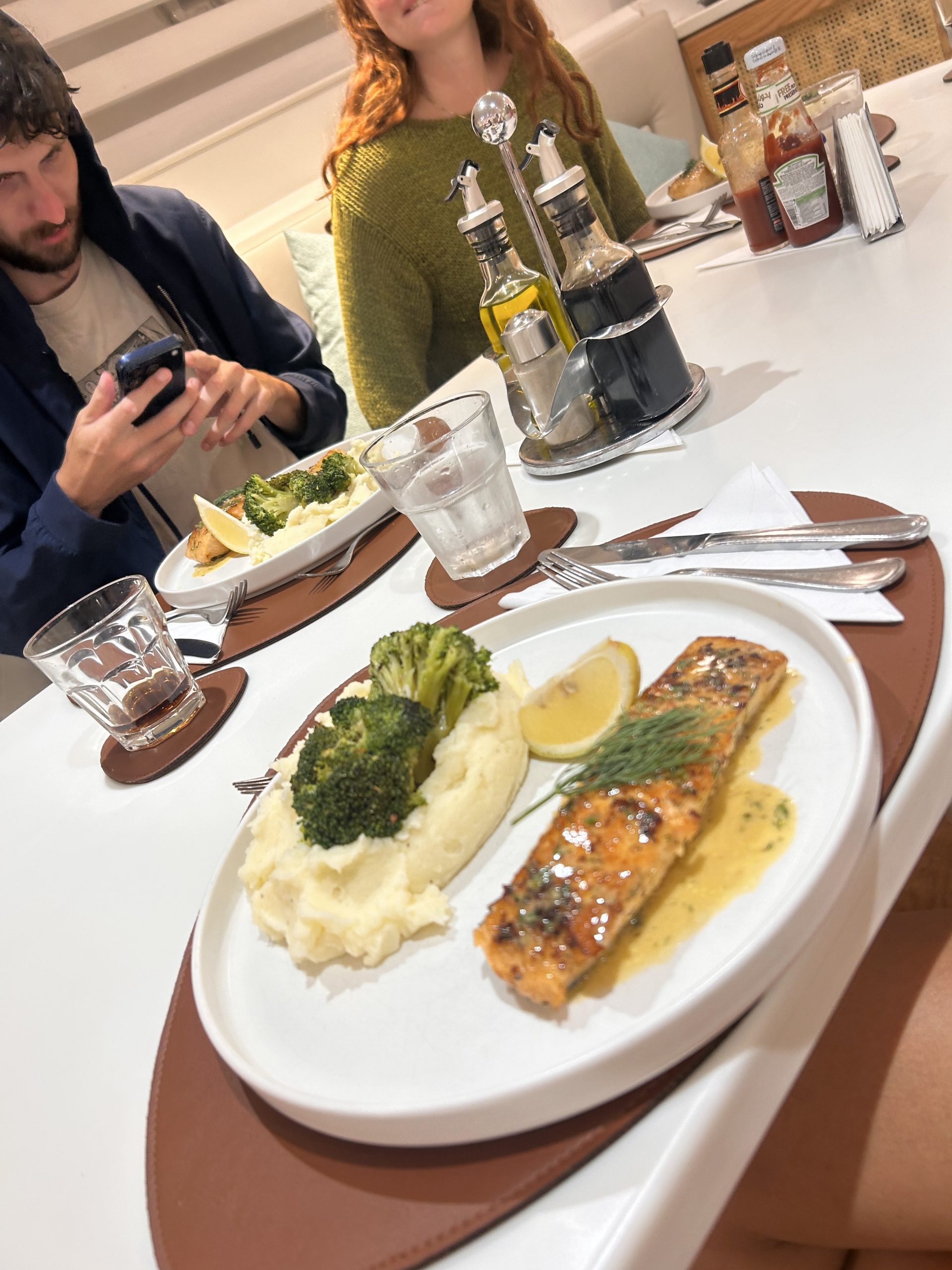 Grilled salmon with mashed potato and broccoli, liveaboard meal in Egypt